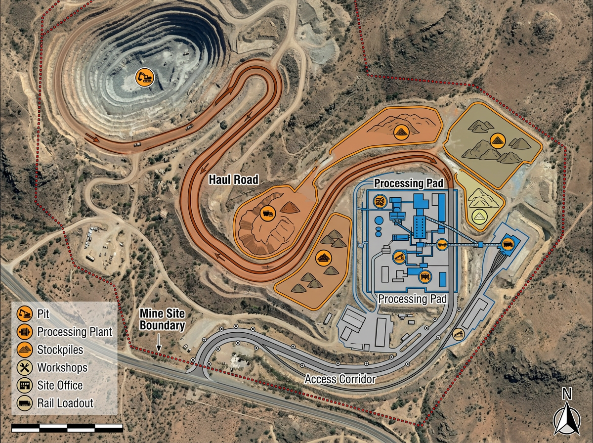 A mine site infrastructure map with haul road, stockpile areas, processing pad, and access corridor drawn