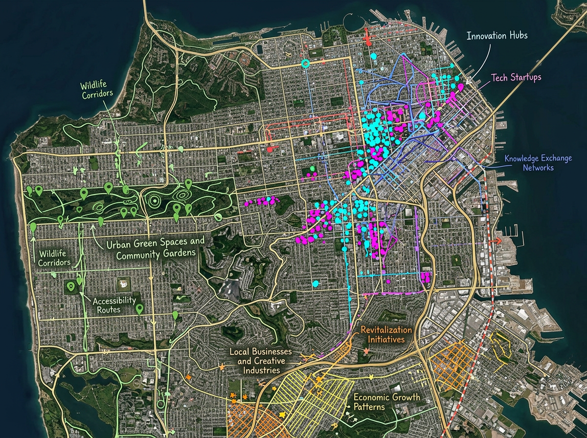 A data journalism map with hundreds of plotted points showing patterns across a city