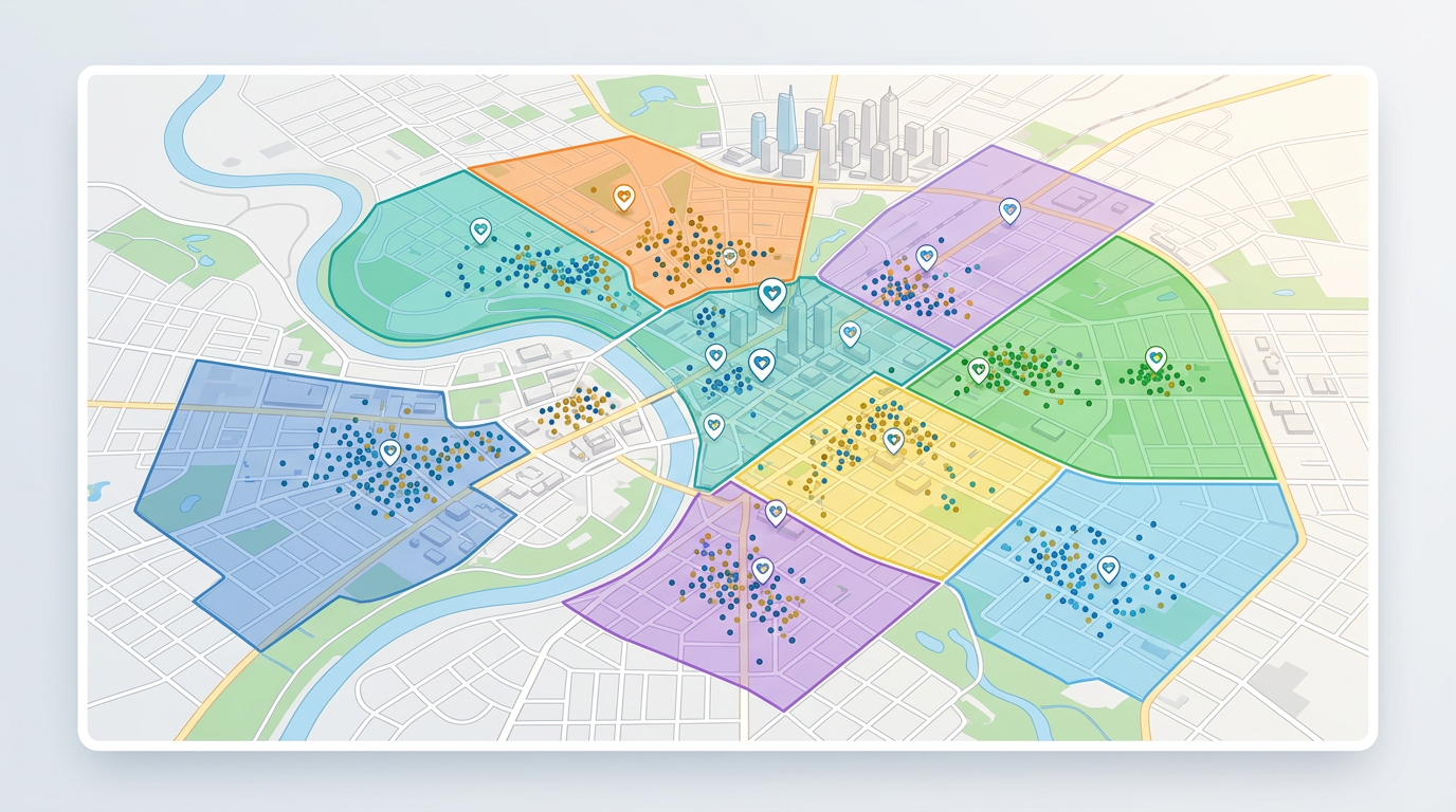 A nonprofit outreach map showing volunteer territories in colored polygons, donor clusters as markers, and program sites labeled across a city