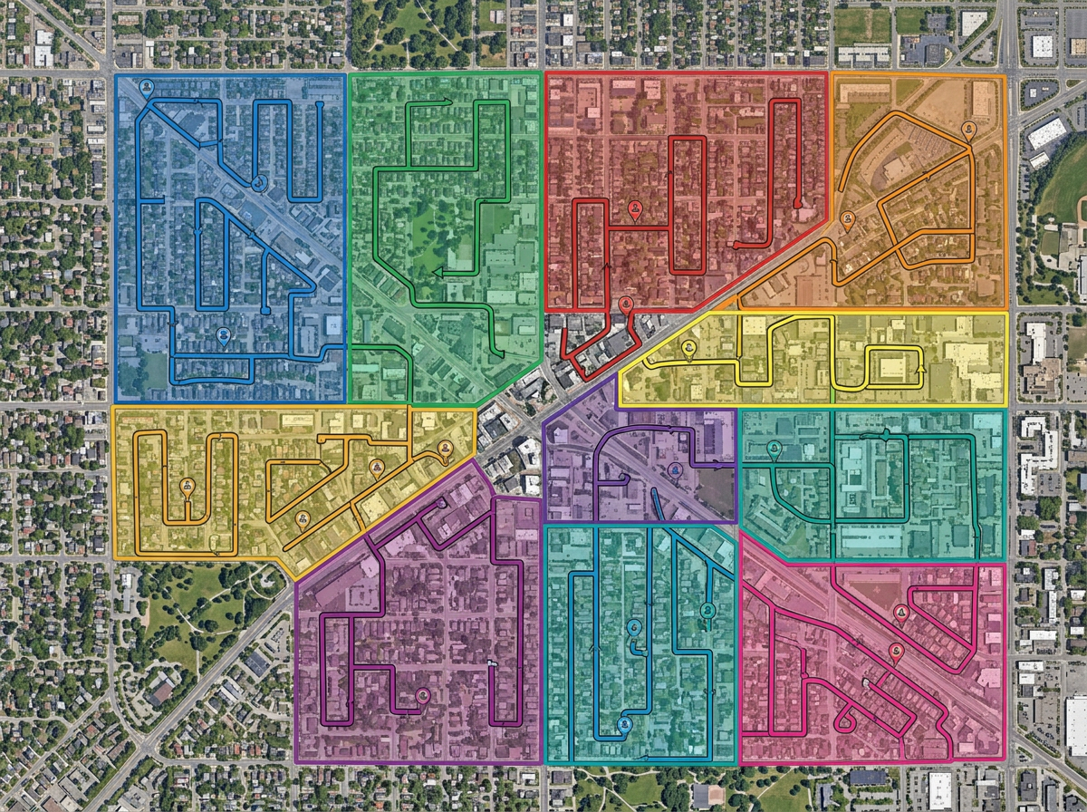 A volunteer territory map split into colored neighborhood polygons with assigned route lines and starting point markers