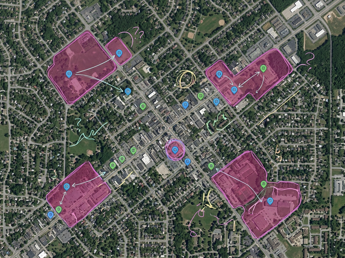 A community needs map showing client locations, service sites, and gap zones highlighted in a contrasting color