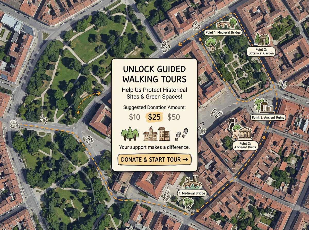 A nonprofit fundraising map screen showing a Paid Maps unlock card with a suggested donation amount and a guided walking tour route behind it