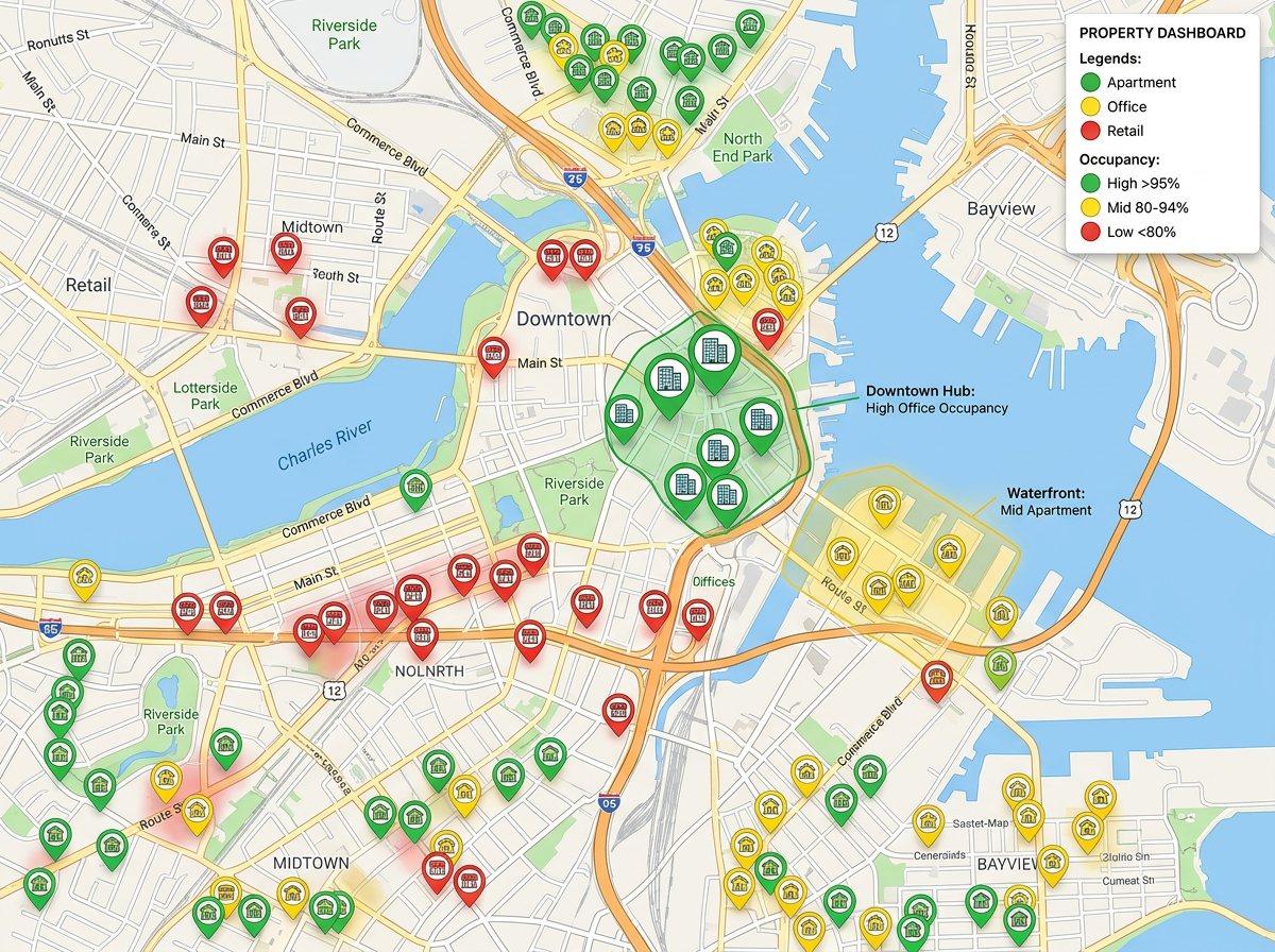 A regional map with custom icons for apartment, office and retail properties color-coded by occupancy rate