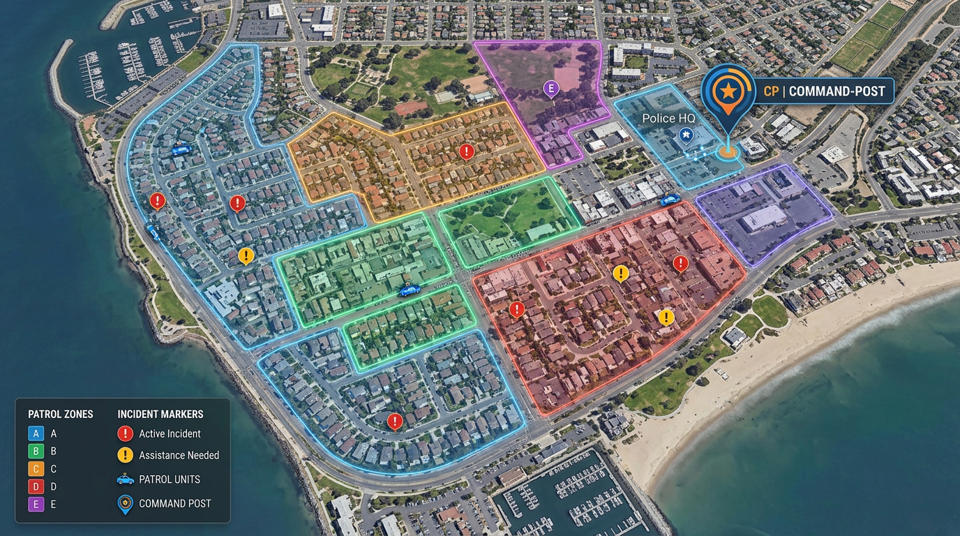 A public safety map with color-coded patrol zones, incident markers, and an annotated command-post location, all overlaid on a satellite view of a community