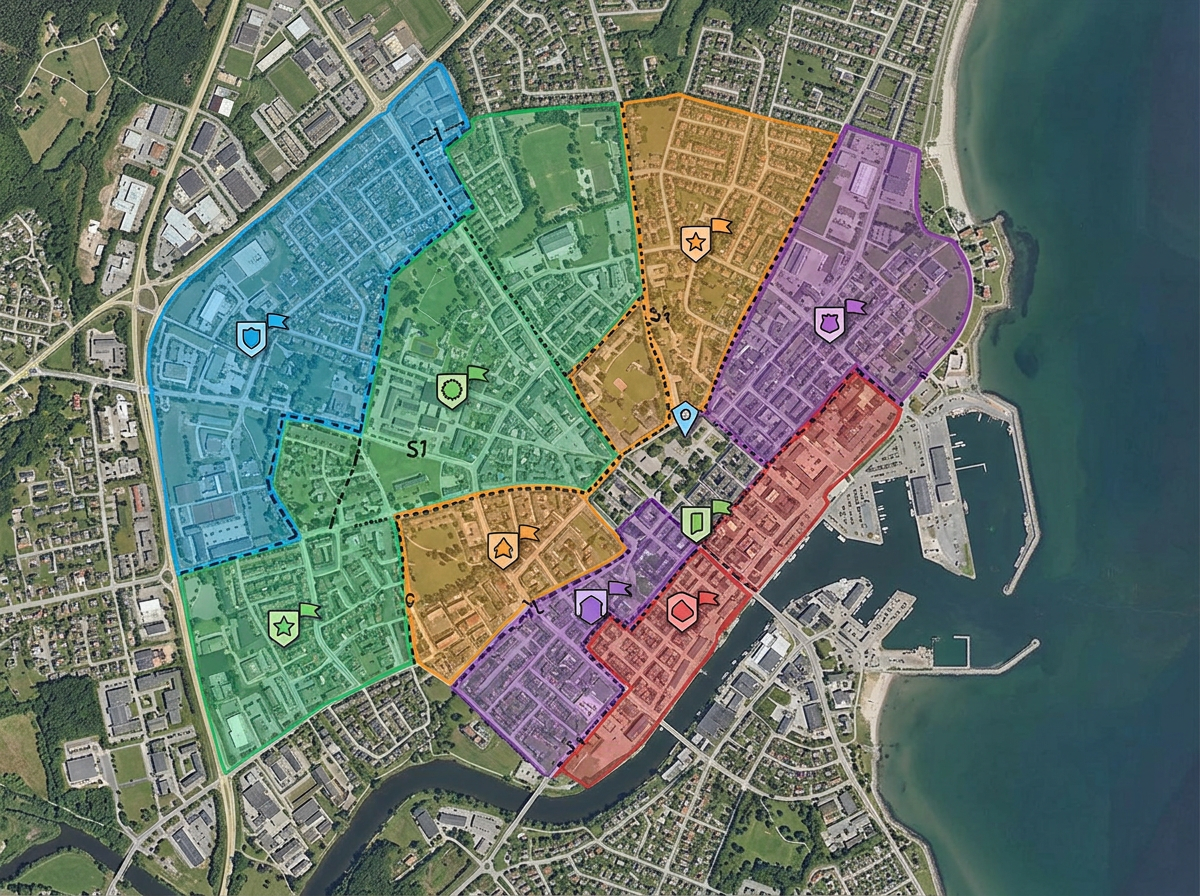 A municipal map split into colored patrol beats with shift boundaries and command post markers