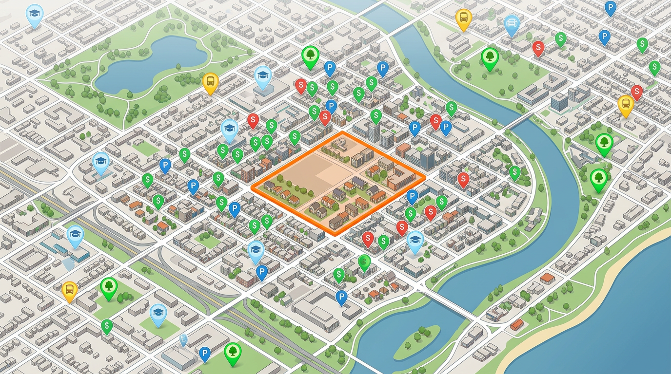 A real estate map with a highlighted parcel boundary, color-coded comparable listings, and pinned amenities like schools, parks, and transit stops