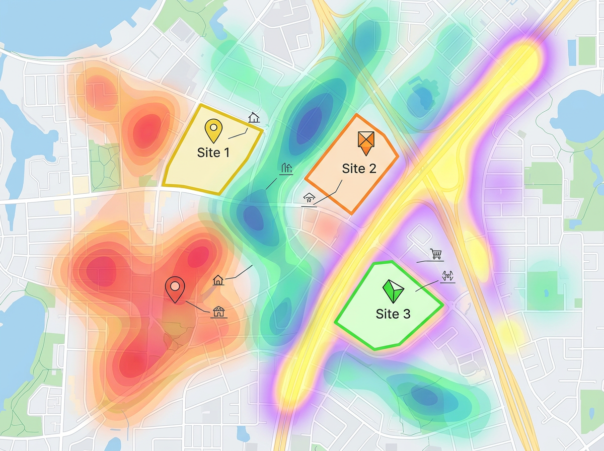 A commercial site selection map with three candidate parcels and overlaid demographic heat layers