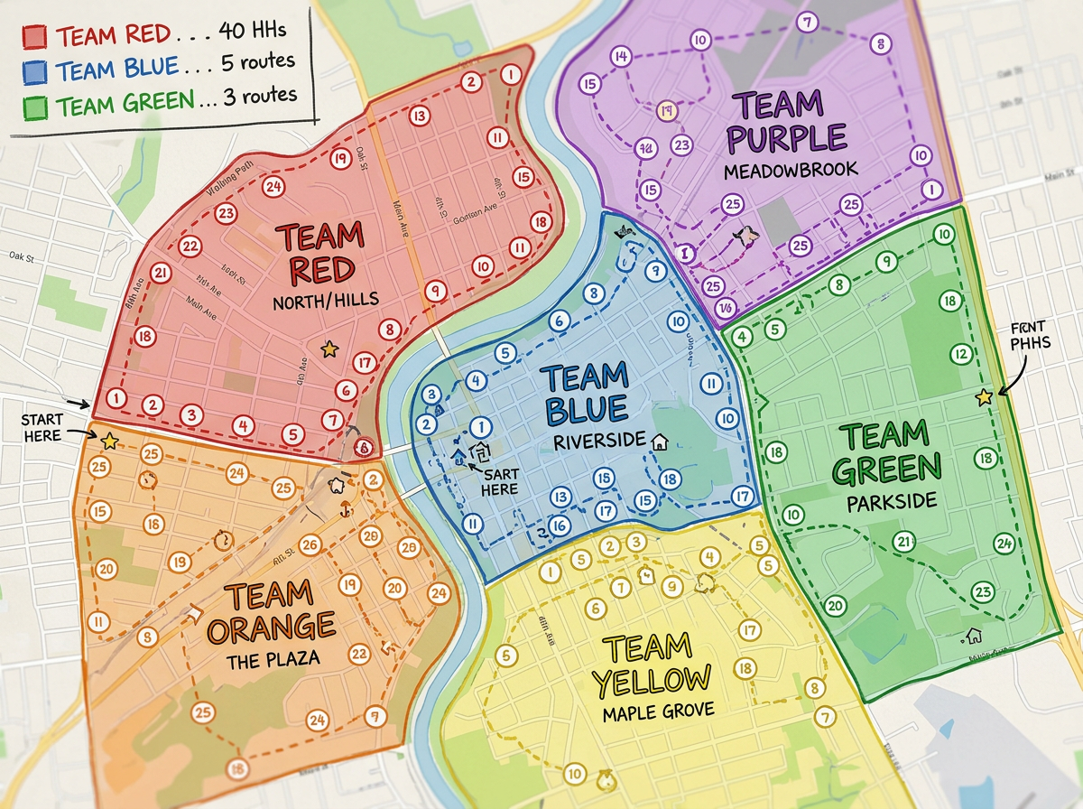 An outreach canvassing map with neighborhood territories color-coded by team and numbered route stops