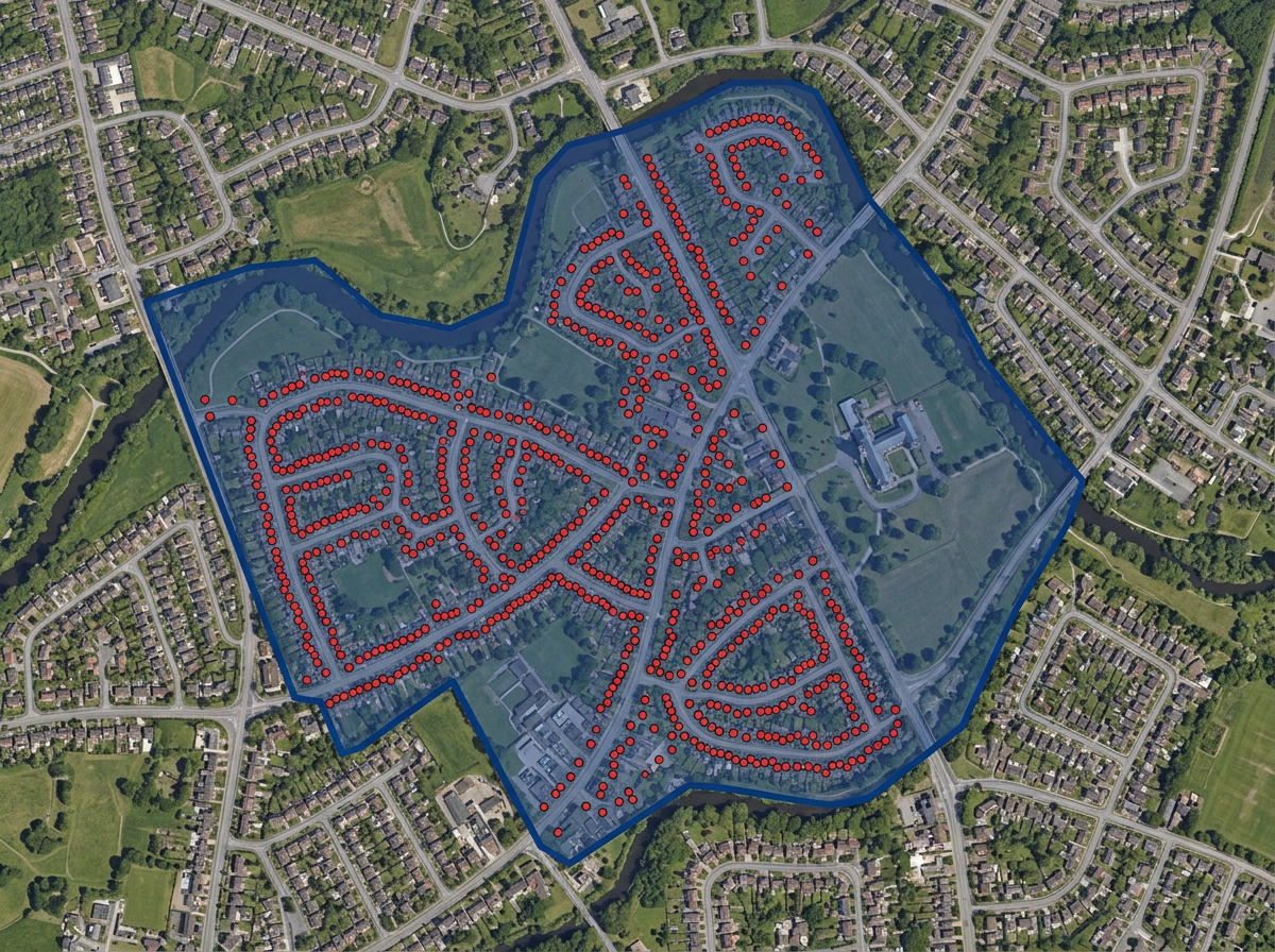 A parish boundary map with the full congregation area drawn as a polygon and member locations plotted inside it