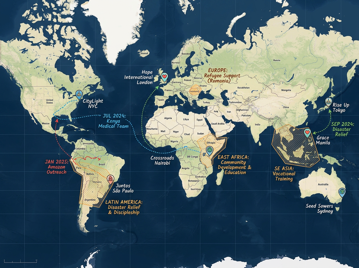 A global missions map with partner ministry markers, supported project regions, and labeled mission trip routes