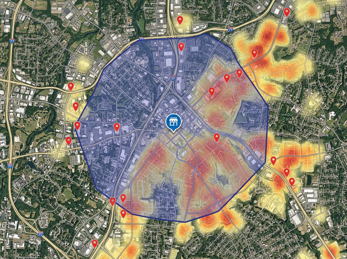 A trade area map with a 10-minute drive-time isochrone, customer density heat layer, and competitor markers
