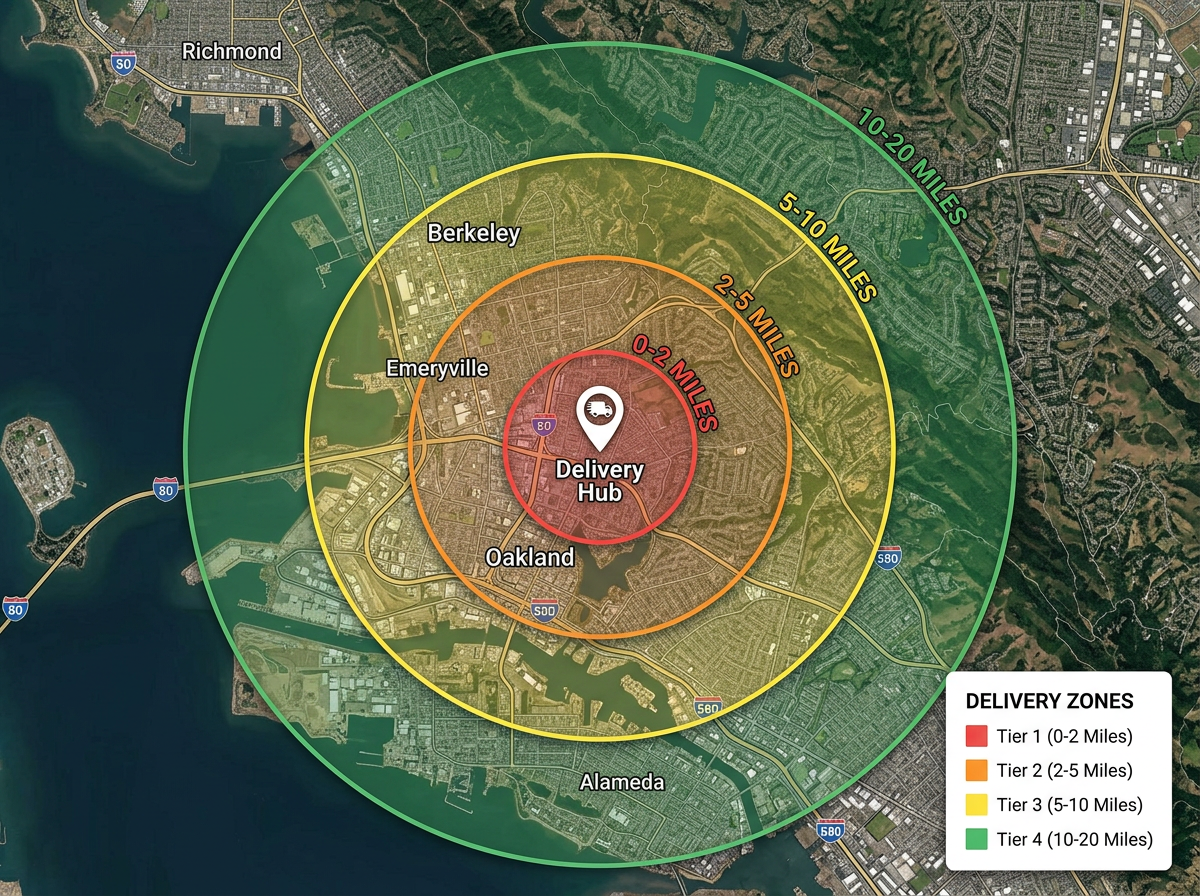 A delivery radius map with concentric mileage rings color-coded and a labeled legend for each tier