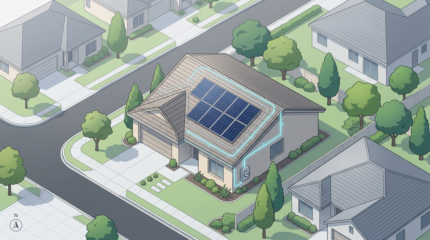 A solar site assessment map with an array footprint sketched on a roof, setback rings drawn around it, and an interconnection path to a meter location