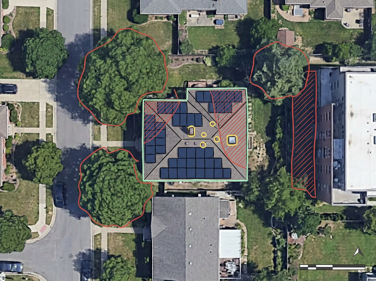A residential site assessment map with the proposed array on the roof, shading sources marked, and obstructions labeled
