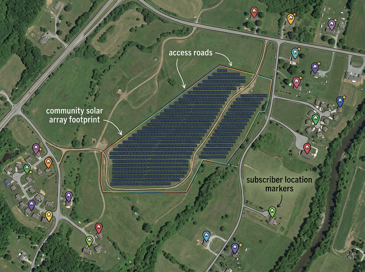 A community solar parcel map with the array footprint, access roads, and subscriber location markers