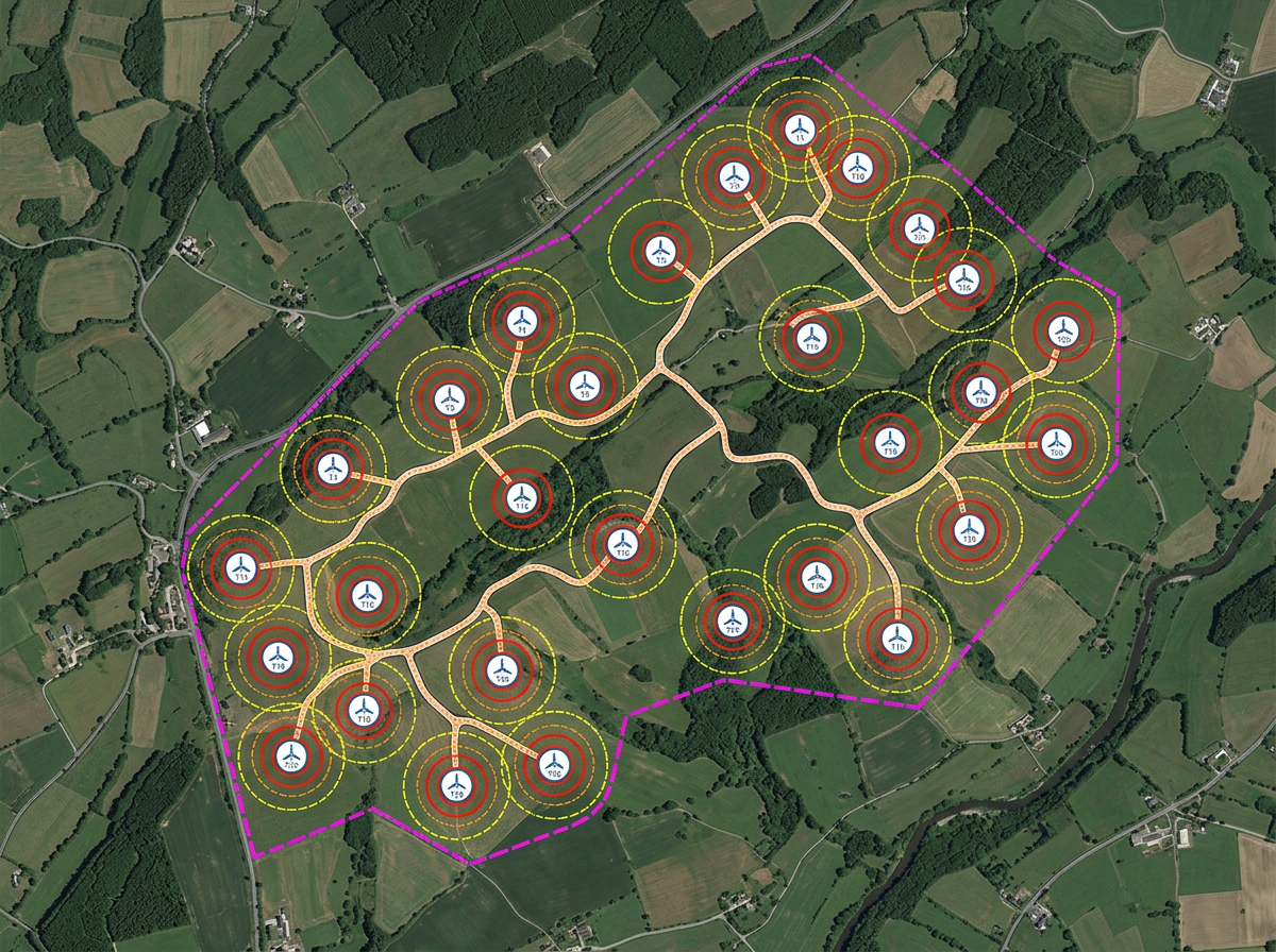 A wind site planning map with turbine markers, setback rings, and access road outlines on satellite imagery