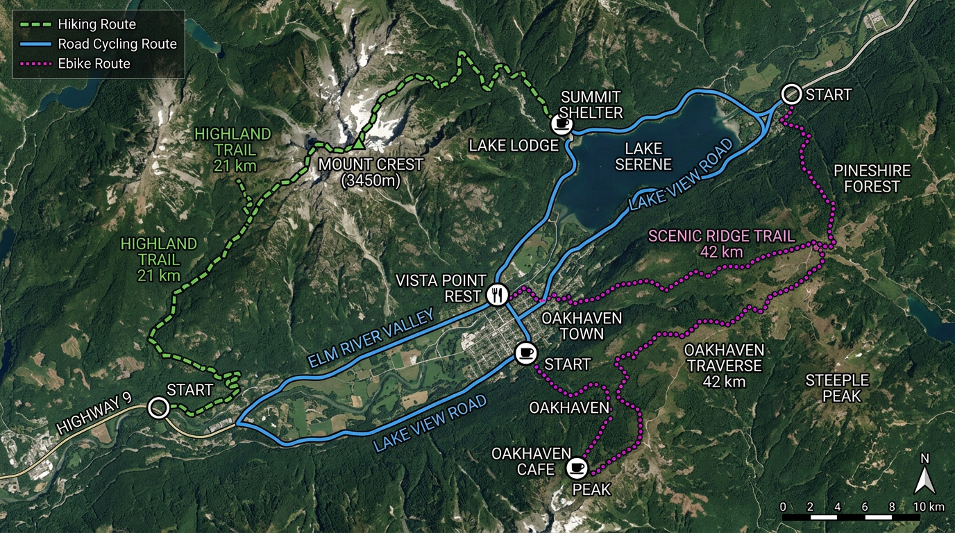 A multi-route cycling map with three differently colored route lines for hike, road bike, and ebike, plus rest stop markers across a regional map