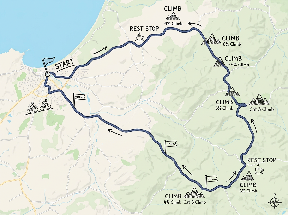A club cycling ride map with the route line, start and rest stops, and climb markers labeled