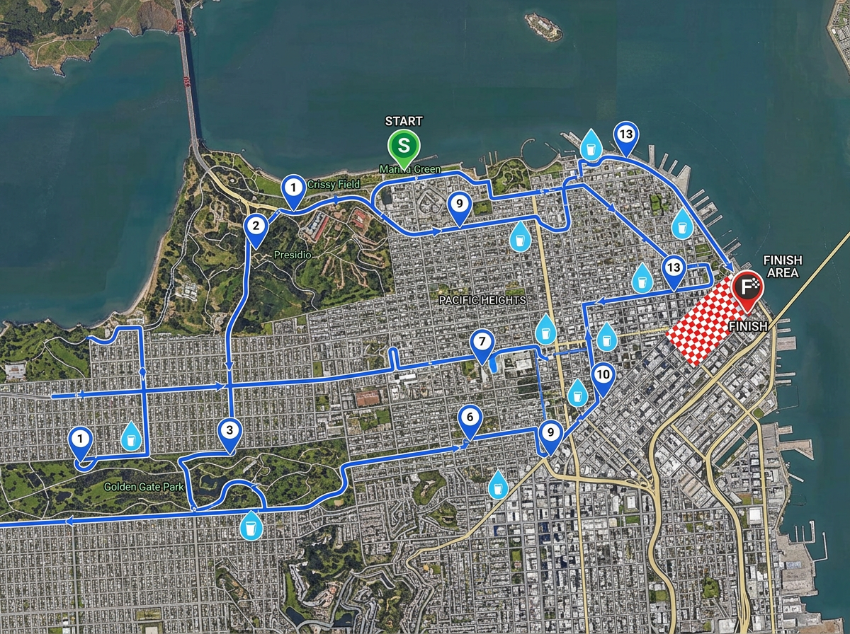 A race course map with the course line, mile markers, water stations, and finish area highlighted