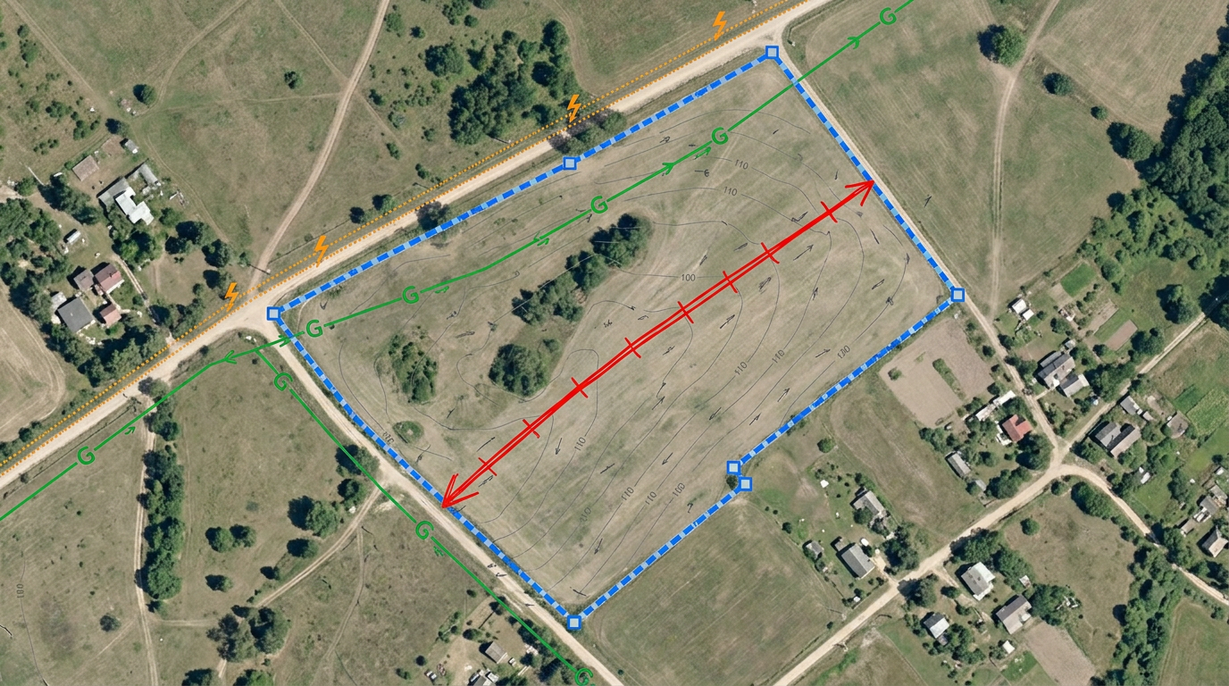 A field survey recon map with a parcel boundary drawn, existing utility lines overlaid, and numbered setup points for field crews