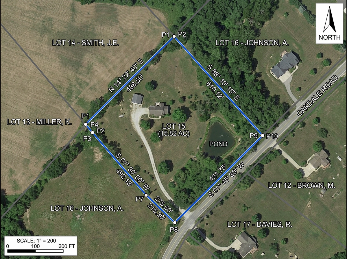 A plat sketch with property boundary lines, bearings, and neighboring parcels labeled over satellite imagery