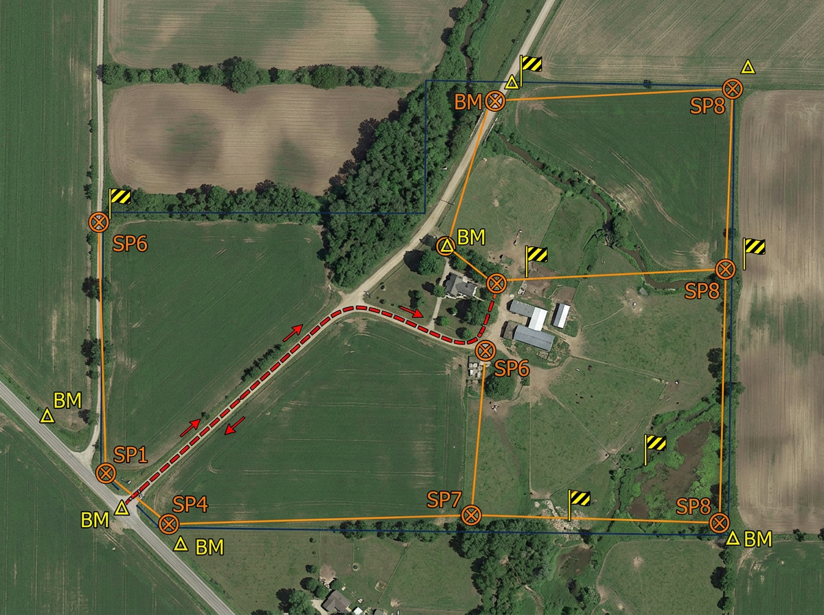 A survey reconnaissance map with access route, setup points, benchmarks, and hazard flags overlaid on a rural parcel