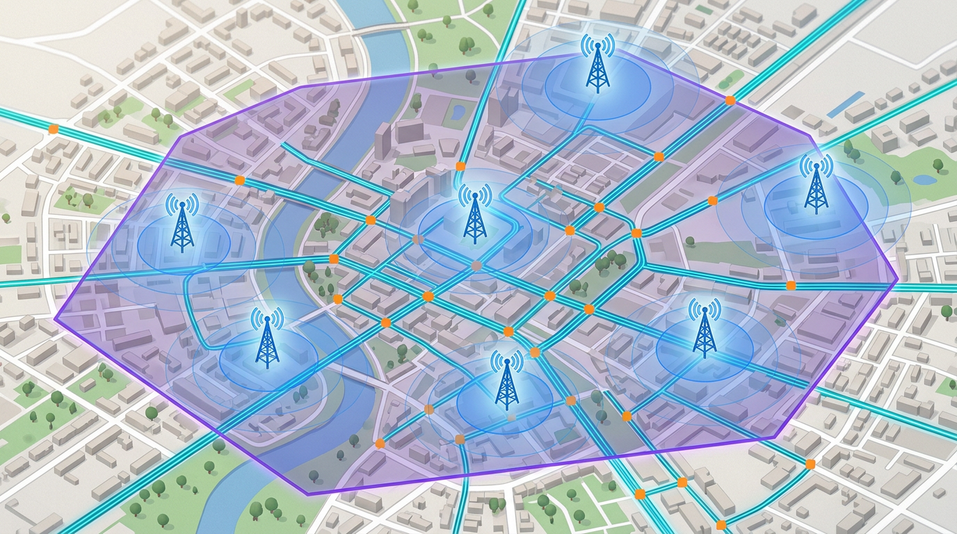 A telecom service map showing fiber route lines along streets, tower coverage circles, splice points marked, and a service area polygon overlaid on a city