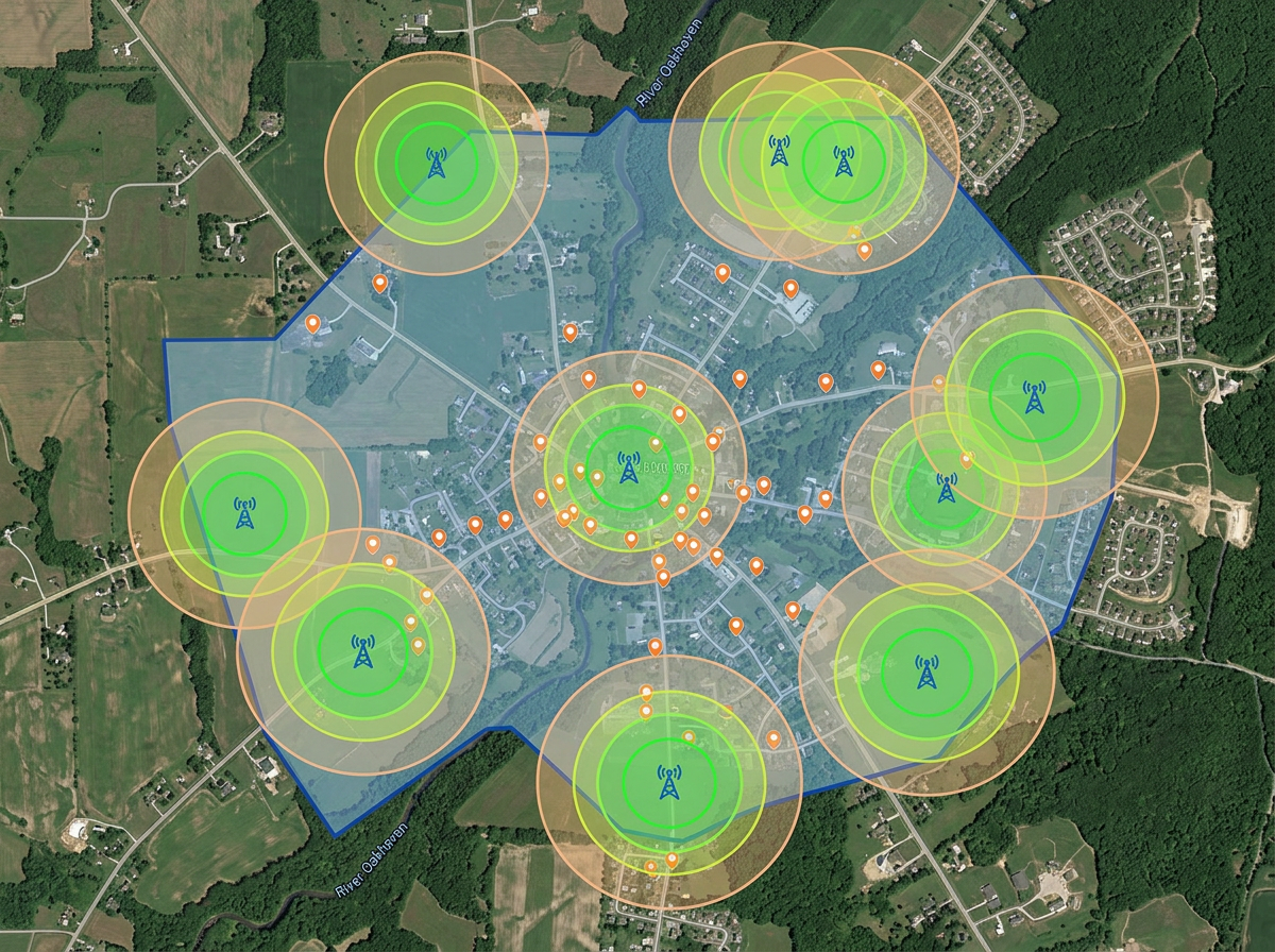 A WISP service area map with tower coverage rings, the franchise area as a polygon, and prospect addresses marked