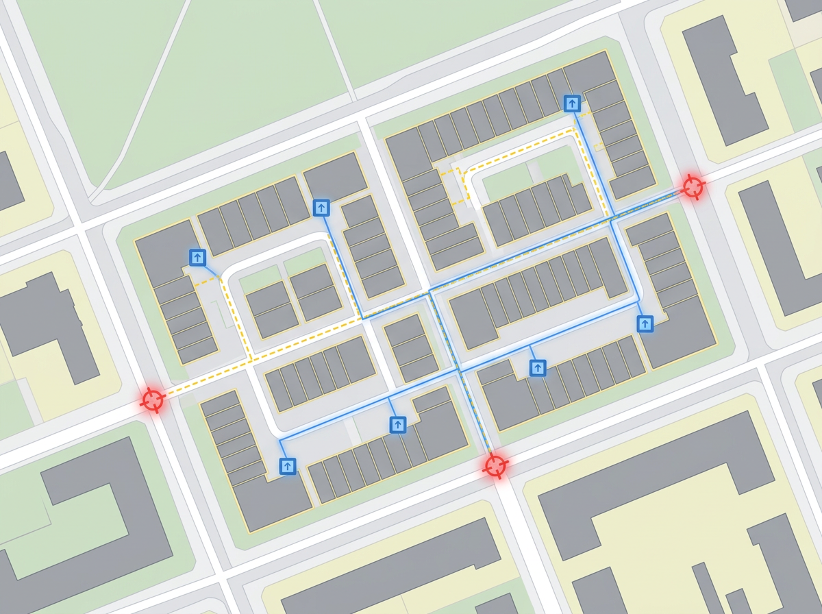 A multi-dwelling unit install map with each apartment marked, riser locations labeled, and demarc points highlighted