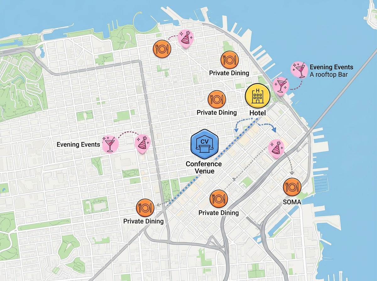 A group trip map with hotel, conference venue, evening events, and private dining locations marked