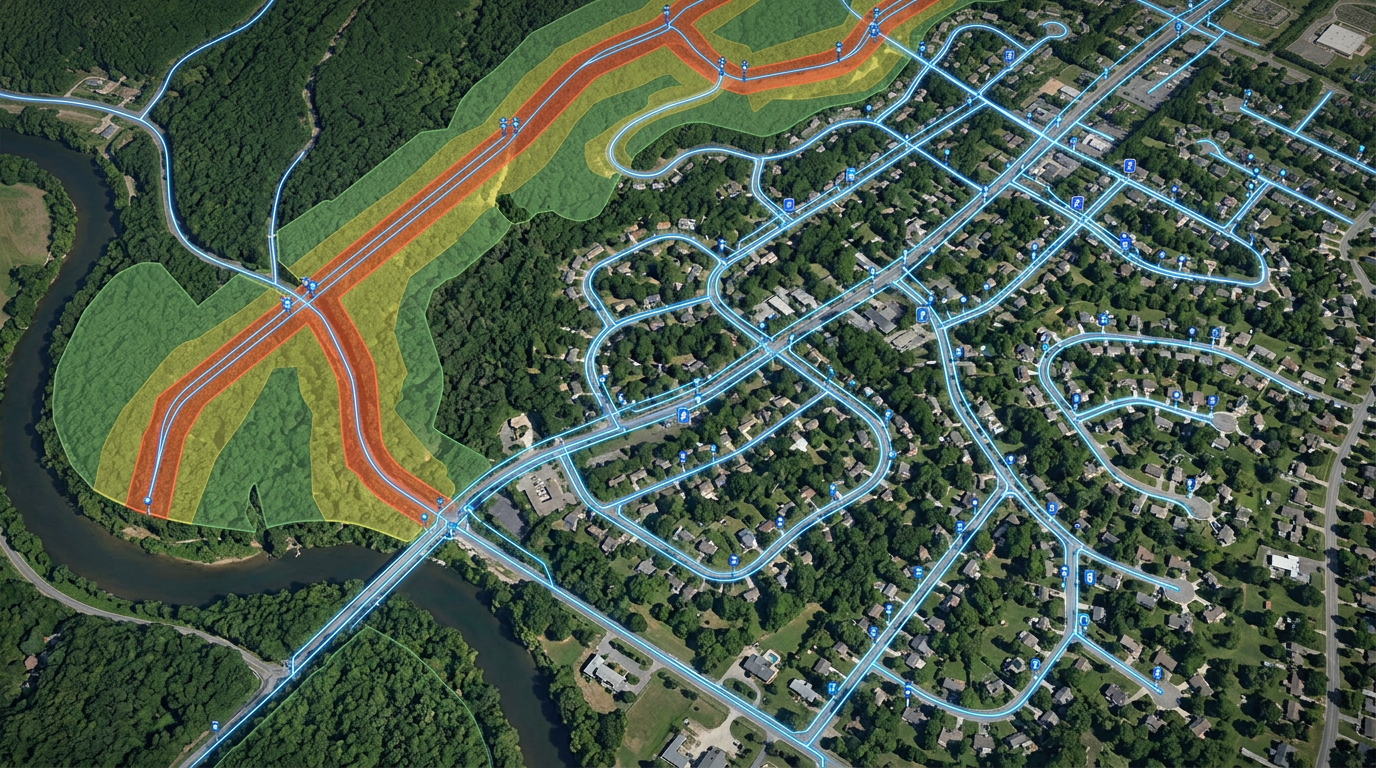 A utility service map with electric distribution lines drawn over satellite imagery, vegetation management zones color-coded, and pole and transformer markers labeled
