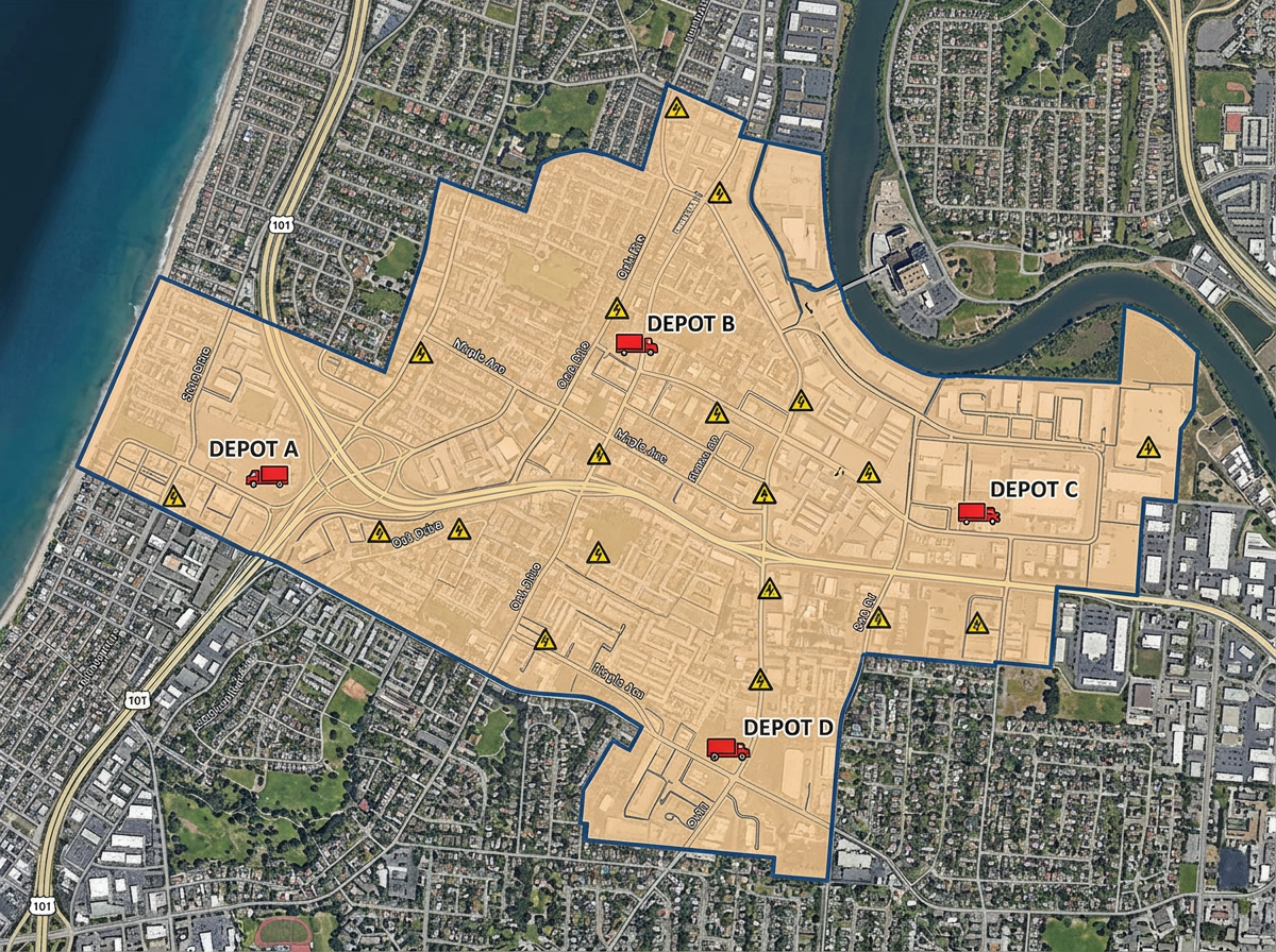 A utility service territory map with the franchise area drawn as a polygon, substations marked, and depot locations labeled