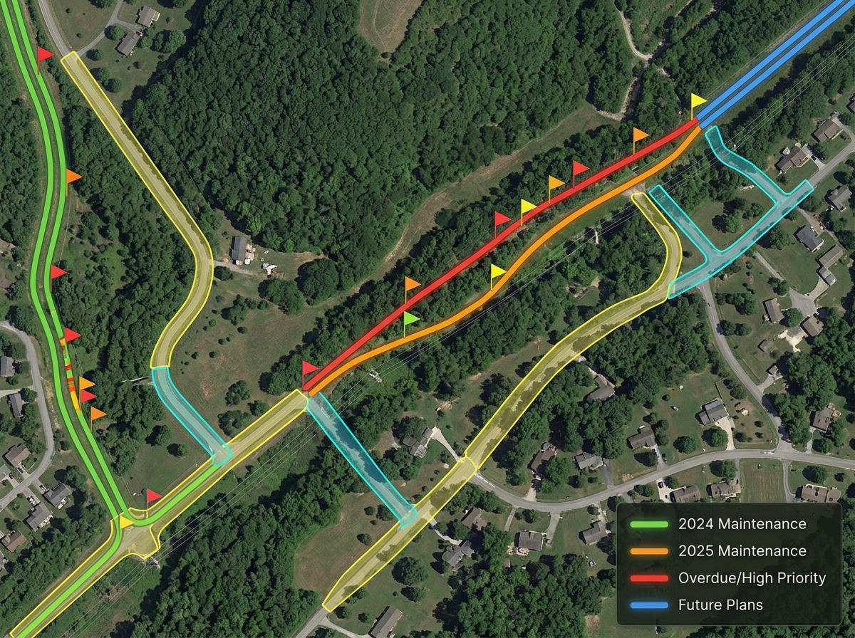 A vegetation management map with color-coded ROW segments by year, priority spans flagged, and access roads highlighted