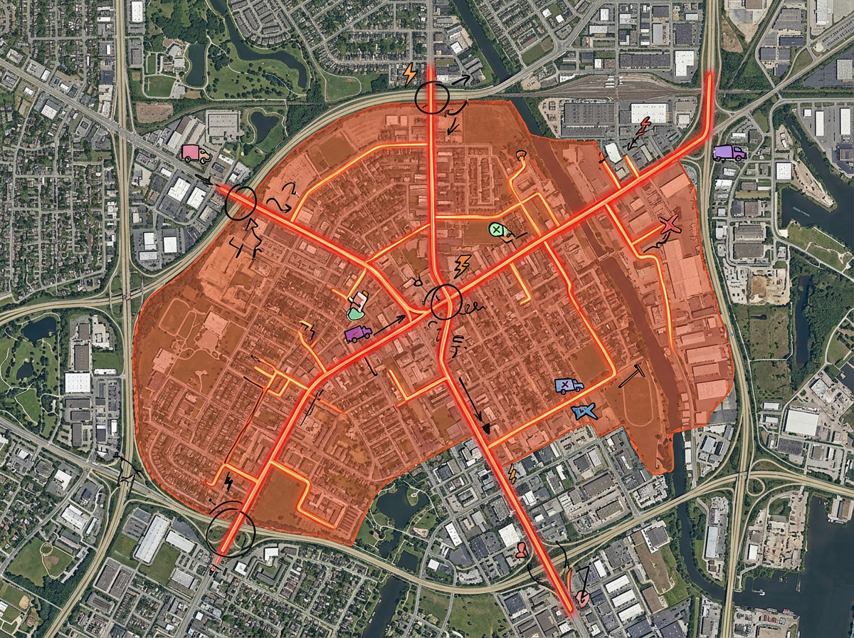 An outage mock-up map with the affected service area shaded, feeder lines highlighted, and dispatch marker locations