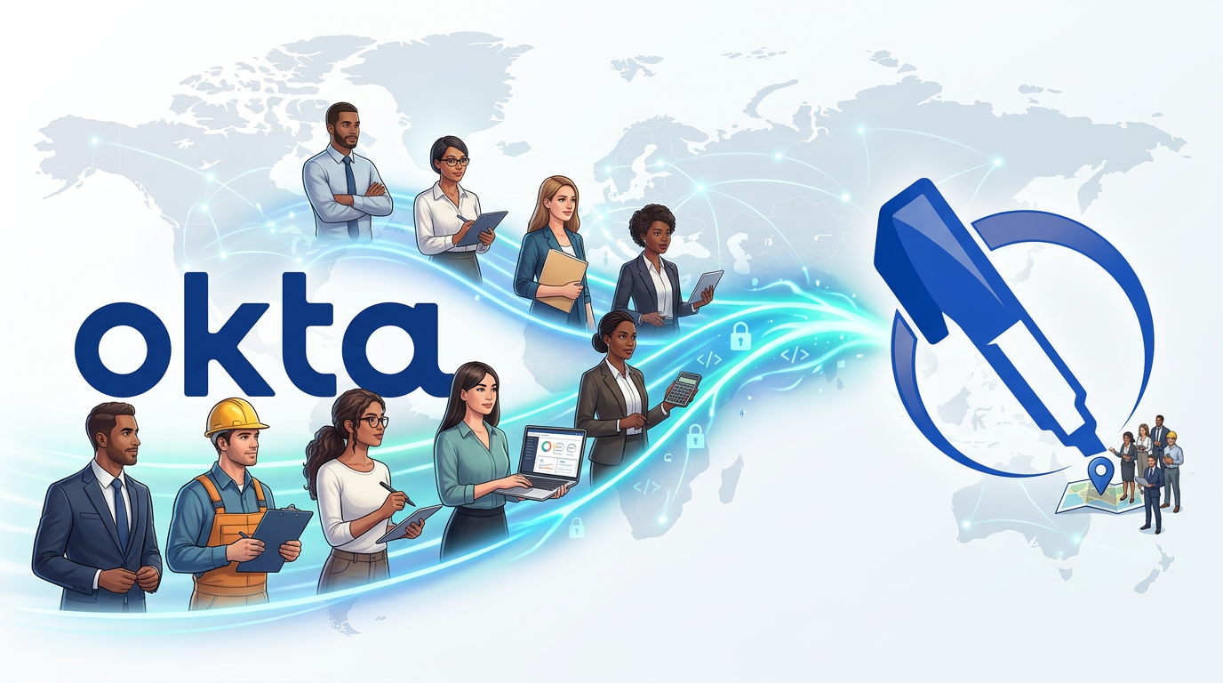 Mostra persone di diversi reparti (vendite, ingegneria, marketing, operazioni, HR, finanza) ciascuna con abbigliamento professionale distinto che fluisce attraverso il logo Okta (la parola 'okta' in carattere blu scuro grassetto) e arriva al logo ScribbleMaps. USA L'IMMAGINE DEL LOGO DI RIFERIMENTO CHE HO FORNITO - posizionala sul lato destro della composizione. Il logo di riferimento mostra una penna marcatore blu all'interno di uno swoosh circolare. Visualizza team diversi che vengono autenticati e unificati, con un flusso di autenticazione luminoso che collega Okta al logo di riferimento. Sfondo moderno pulito con elementi di mappa sottili. Nessuna barra degli strumenti, nessuna cornice UI, nessun bordo o frame extra.
