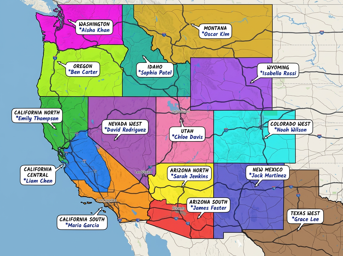 A franchise territory map with each region in a different color and labeled by partner name