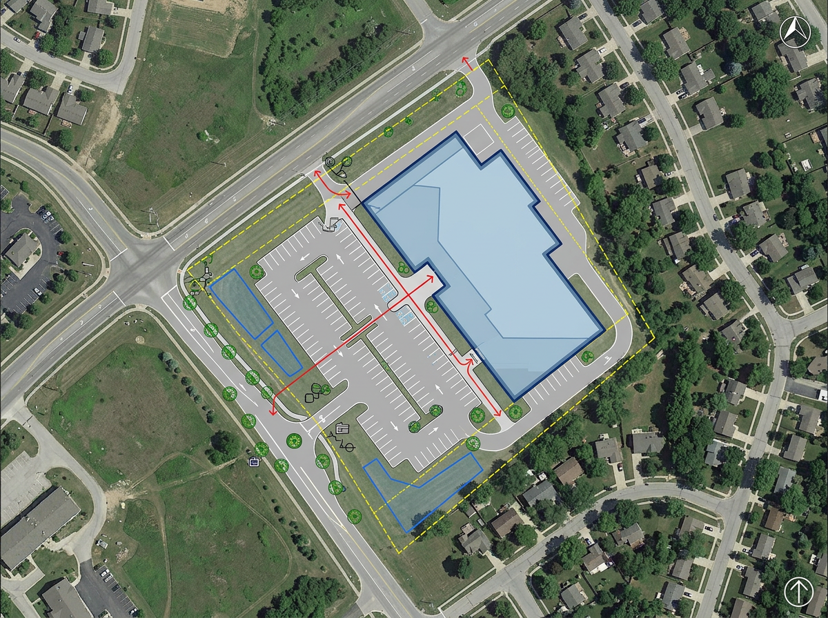 A concept site plan with a building footprint, access road and parking lot drawn over a satellite view