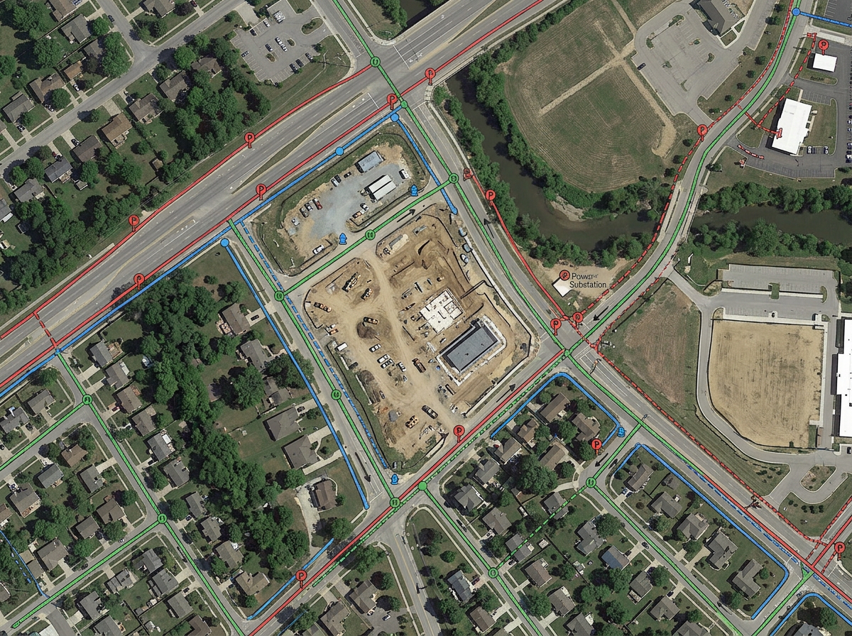 A utility overlay map with water, sewer and power lines layered on a satellite view of a project site