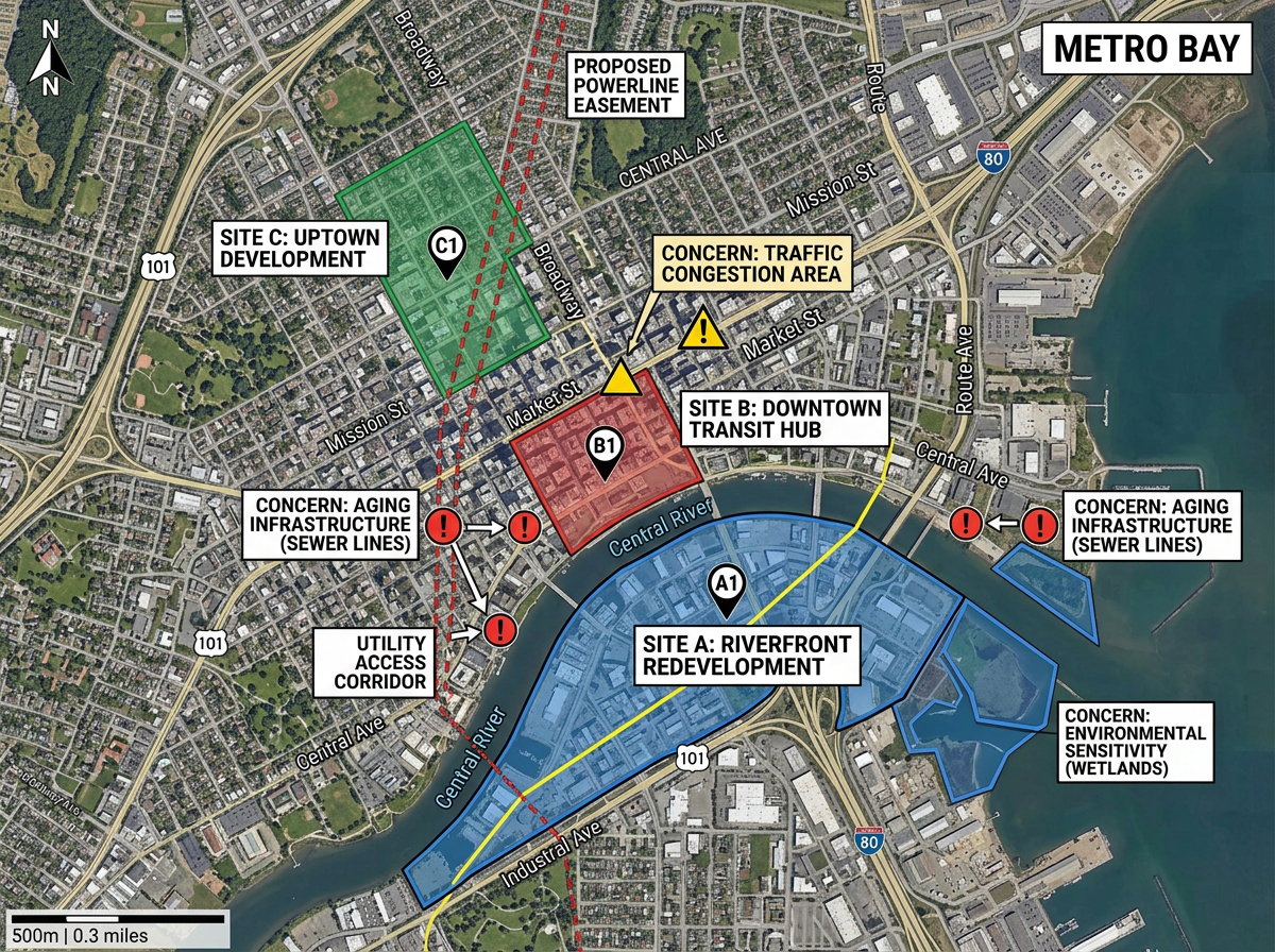A briefing map with project sites, easements and labeled concerns over a city basemap
