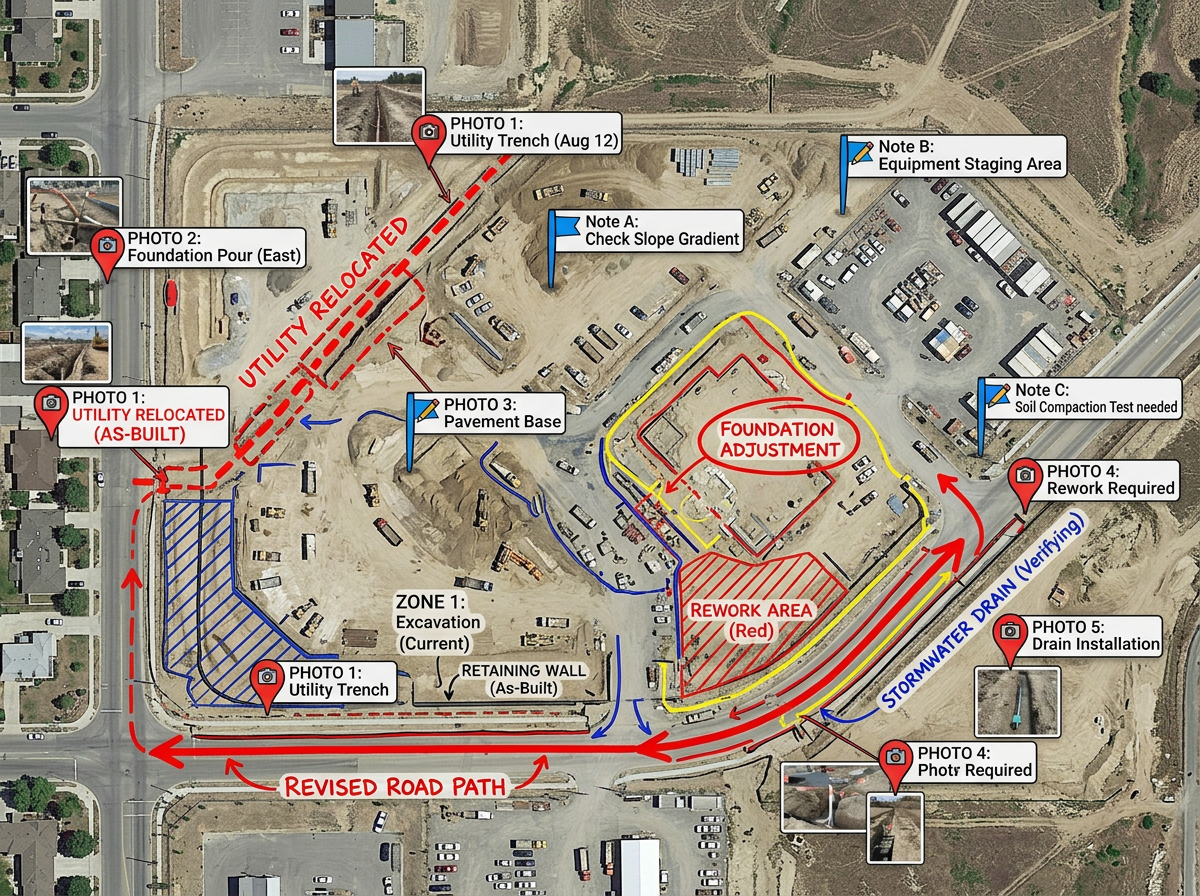 A field markup map with photo pins, note markers and as-built corrections over a project site