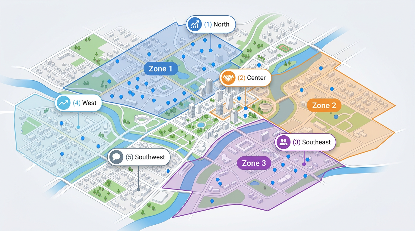 A consultant map with client data points, market zones and labeled findings over a city for a client deliverable