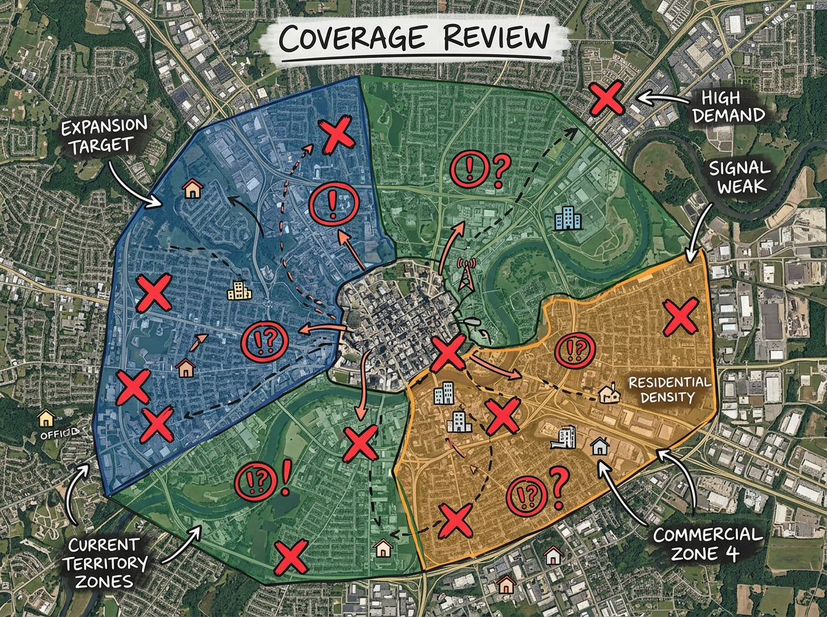 A coverage review map with current territory zones and gap markers in a contrasting color