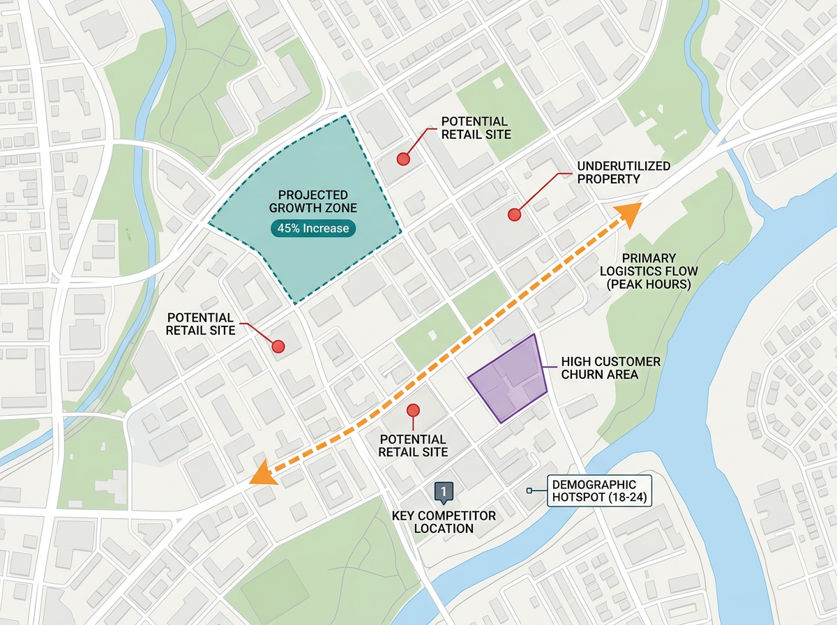 A polished deliverable map with clean styling and labeled findings ready for export to a client deck
