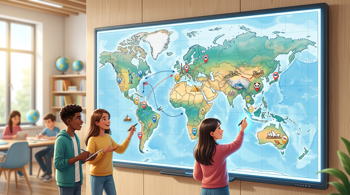 A classroom map with labeled landmarks and student annotation pins over a world map for a geography lesson
