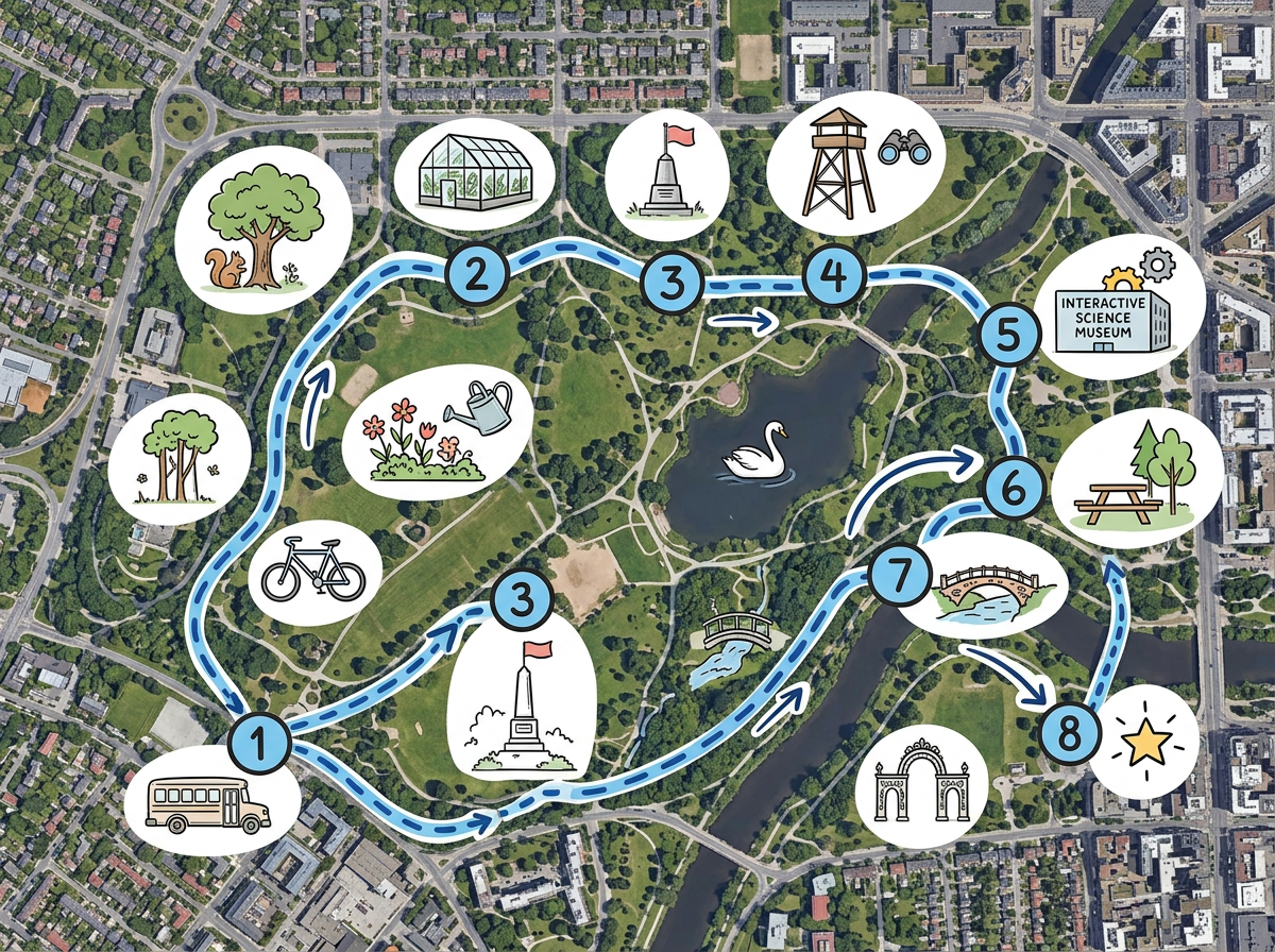 A field trip route map with sequenced stops and landmark markers along a walking tour route