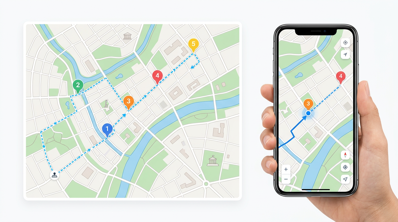 A field team map with planned stops, route lines and a phone overlay showing the same map being used in the field