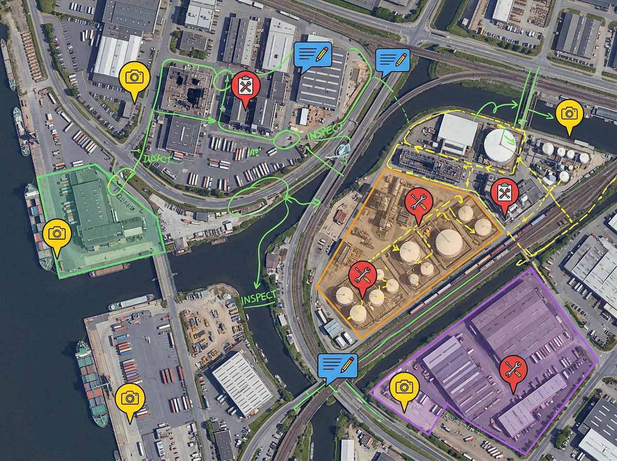 A field data collection map with photo pins, note markers and inspection sites across an industrial area