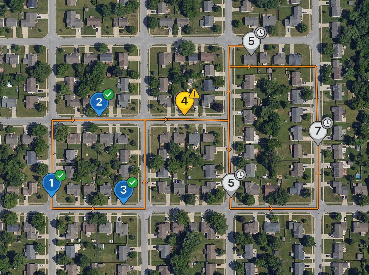 A service route map with sequenced inspection stops, drive lines between them and status icons