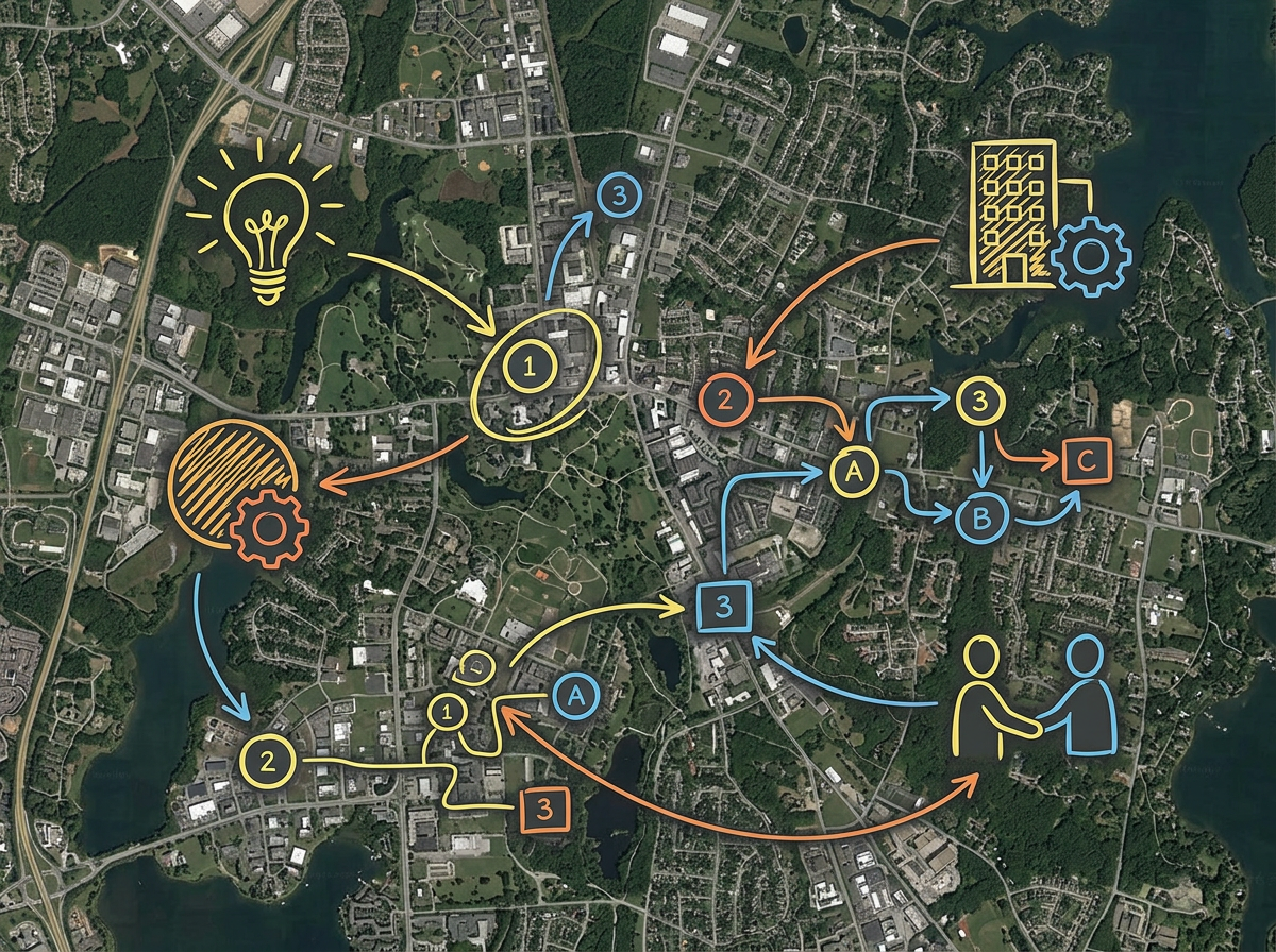 A concept map with quick sketch markup and labeled points over a satellite view of a study area