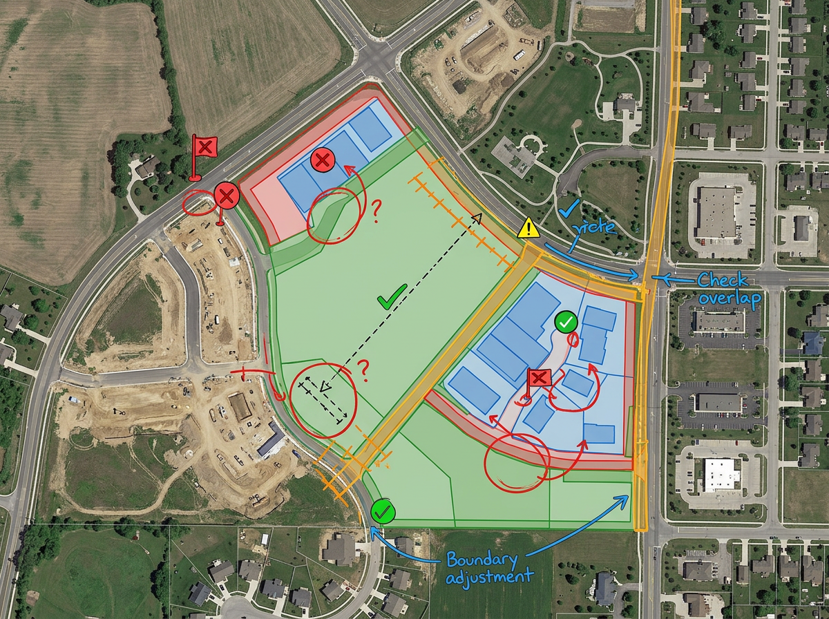 A QA review map with imported polygon layers overlaid on a satellite basemap with annotation marks